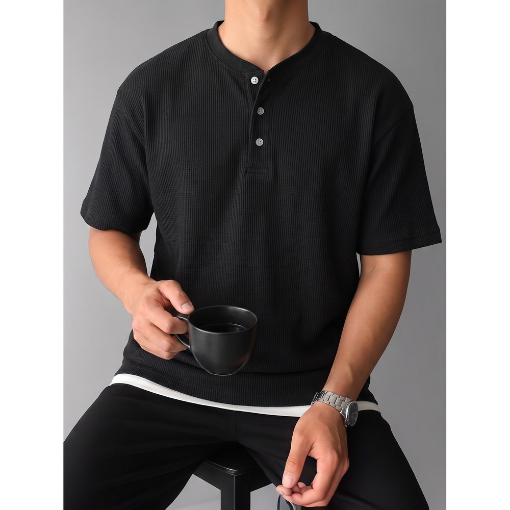 PJ Mark Henley Shirt Waffle Knit Medium Black Cotton Blend NWT Casual Streetwear